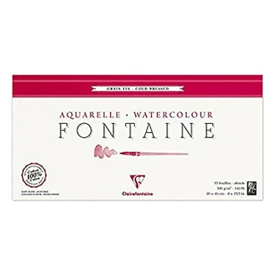 Abbildung von Clairefontaine 96437C Malblock, 4 seitig verleimt Aquarellpapier Feinkörnig, Fontaine/Hadern, 20 x 40 cm, Panorama Format, 15 Blatt, 300 g Packung, weiß