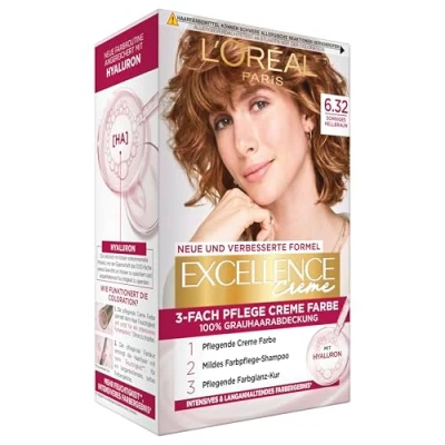 Abbildung von L&#039;Oréal Paris Permanente Haarfarbe, 100% Grauhaarabdeckung, Haarfärbeset mit Coloration, Shampoo und 3 Fach Pflege Creme Farbe, Excellence Creme, Nr. 6.32 Sonniges Hellbraun, x 268 g
