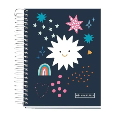 Abbildung von Miquelrius A6 Notizbuch, 140 Blatt, 70 g/m², 7 mm horizontal, liniert, 4 farbige Streifen, ohne Bohren, fester Einband mit Stanzdetails, Kollektion Twinkle