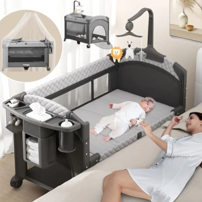 Abbildung von Trimigo Babybett 120x70cm, Reisebett mit Wickelauflage, Laufstall, Moskitonetz, Spielzeuge, Rollen, höhenverstellbar, faltbar, super starke Tragkraft, Kleinkind ab Geburt bis 15kg