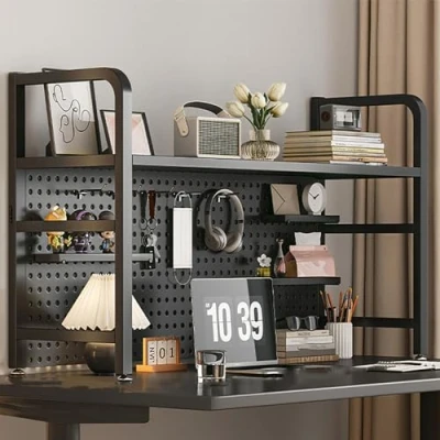 Abbildung von DYUNCZ Schreibtisch Regal, Aufsatzregal, Desk Shelf, Computer Bücherregal, Metall Ausstellungsständer, Freistehendes Bücherregal mit Lochplatte(115x20x68cm)
