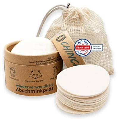 Abbildung von Chinchilla® wiederverwendbare Abschminkpads 10 Stück mit Dose zur Aufbewahrung und Wäschenetz waschbar bis zu 90 Grad Made in Germany für jeden Hauttyp geeignet kompostierbar &amp; vegan