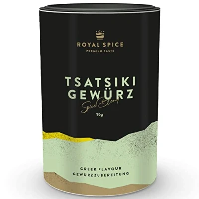 Abbildung von Royal Spice Tsatsiki Gewürz 70g Tzatziki Gewürzmischung für den Griechischen Dip Allrounder! Mit griechischem Joghurt, Schmand, Crème fraîche oder Quark verrühren &amp; Genießen!