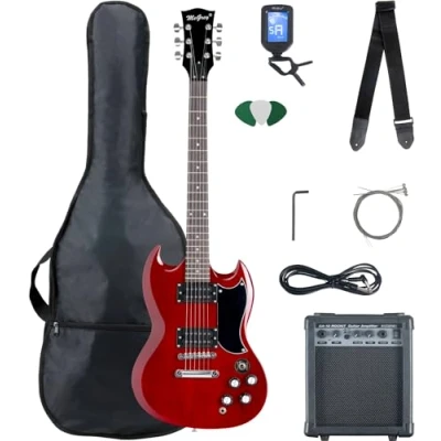 Abbildung von McGrey E Gitarre Rockit Double Cut Komplettset Cherry Red, Cut, 4/4, 8 St., inkl. Verstärker, Tasche, Stimmgerät, Plektren, Gurt und Kabel, 10 Watt (RMS) Gitarrenverstärker inklusive!
