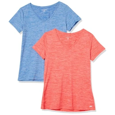 Abbildung von Amazon Essentials Damen Tech Stretch T Shirt mit kurzen Ärmeln und V Ausschnitt (erhältlich in Übergröße), 2er Pack, Hellblau Space dye/Korallenorange dye, L