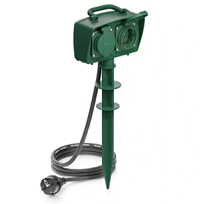 Abbildung von deleyCON 2 Fach Outdoor Steckdose mit Erdspieß Stromverteiler Außenbereich 2X Schutzkontakt Buchse Kindersicherung IP44 Spritzwassergeschützt Witterungsbeständig Garten Terrasse Beet 1,4m Kabel