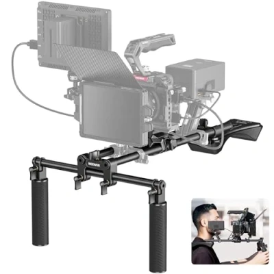 Abbildung von NEEWER Shoulder Mount Video Rig mit Arca Schnellverschluss DSLR Camera und Camcorder Montage, Zwei Griffen, 15mm Stangen (40cm), Schulterstütze Kamera, kompatibel SmallRig Follow Focus, SR007