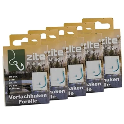 Abbildung von Zite Fishing Vorfach Haken Forelle Gebunden 50 Stück Größe 10 Angelhaken mit Schnur Forellenhaken Blau Angelschnur