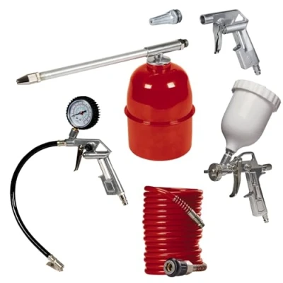 Abbildung von Original Einhell 5 tlg. Druckluftset Profi (für alle handelsüblichen Kompressoren bis mind. 8 bar, inkl. Sprühpistole, Farbspritzpistole, Ausblaspistole, Reifenfüller, 4m Schlauch), ‎Mehrfarbig