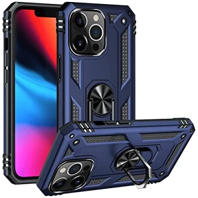 Abbildung von Verco Hybrid Armor Shiel Case für iPhone 13 Pro Max Hülle, extrem robust mit Magnet Fingerring Halter Handyhülle Panzerhülle, Blau
