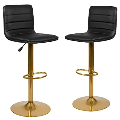 Abbildung von Flash Furniture Vincent Barhocker, modern, schwarzes Vinyl, verstellbar, mir Rückenlehne, Thekenhöhe, Drehhocker mit goldfarbener Sockelbasis, 2 Stück