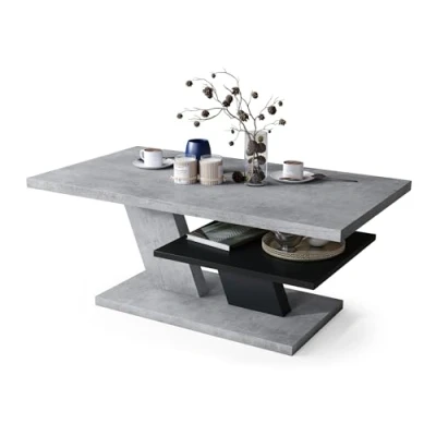 Abbildung von All4All Couchtisch Conte Kaffeetisch Wohnzimmertisch Sofatisch mit Ablage kompakte Größe 110x60cm 05 Beton + schwarz
