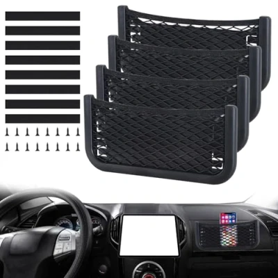 Abbildung von Omtofo 3 in 1 Auto Aufbewahrungsnetz, 4 Stück Selbstklebendes Netztasche Auto, Elastisch Ablagenetz mit Gummiband und Schraube, Kofferraum Gepäcknetz 26 x 12cm für Wohnmobil, Boote, Zuhause