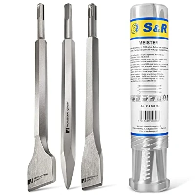 Abbildung von S&amp;R Bohrhammer Meißel Set SDS plus, 3 teilig, robust und hitzegehärtet Flachmeißel, Spatmeißel, Spitzmeißel für Beton, Mauerwerk, Ziegel Asphalt Werkzeug Stahl, universell Bauwerkstoffe