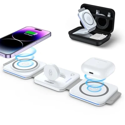 Abbildung von ZUMSEY 3 in 1 Faltbare kabellose Reiseladestation, Apple Ladestation für Watch und iPhone iPods, Wireless Charger 16 15 14 13 12 Pro Max Plus/iWatch 10/9/Ultra/8/7/6/SE/5/4/3/AirPods