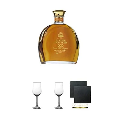 Abbildung von Claude Chatelier Cognac XO mit Etui 0,7 Liter + Nosing Gläser Kelchglas Bugatti Eichstrich 2cl und 4cl 2 Stück