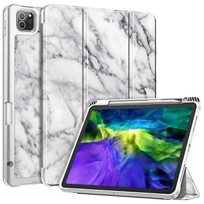 Abbildung von Fintie Hülle für iPad Pro 11 Zoll (2. und 1. Generation, Modell 2020/2018) mit Stifthalter, Soft TPU Rückseite Abdeckung Schutzhülle Intelligent Cover Auto Sleep/Wake, Marmor Weiß