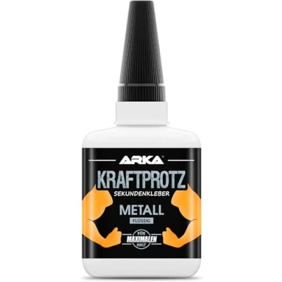 Abbildung von 50 g Sekundenkleber für Metall &amp; Aluminium extra stark flüssiger Metallkleber wasserfest, hitzebeständig Verschluss gegen Austrocknung zum Verkleben von Metallen aller Art ARKA Kraftprotz