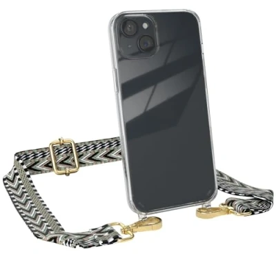 Abbildung von EAZY CASE Handykette mit verstellbarem Trageriemen für iPhone 15 Plus Taschengurt zum Wechseln transparenter Handyhülle Hülle dünner Schulterriemen in Grün Schwarz Gold