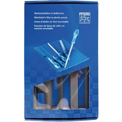 Abbildung von PFERD Werkstattfeilen Set in PVC Rolltasche mit Umkarton, 5 Feilen, Kreuzhieb H2, 200mm, 11801532 für universelle Schrupp und Schlichtarbeiten geeignet
