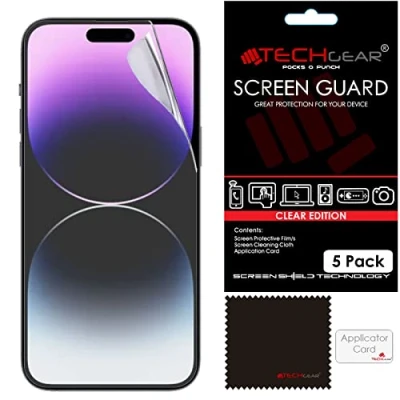 Abbildung von TECHGEAR 5 Stück Displayschutzfolie für iPhone 14 Pro Max Ultra Klare Schutzfolie Displayschutz mit Reinigungstuch + Applikationskarte Film Folie kompatibel