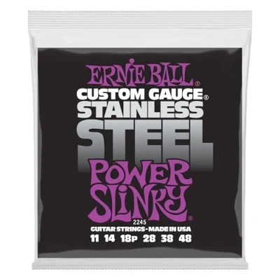 Abbildung von Ernie Ball Power Slinky Stainless Steel Wound E Gitarrensaiten, Stärke 11 48