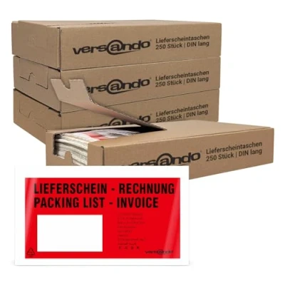 Abbildung von versando 4x 250 Lieferscheintaschen DIN lang selbstklebend Dokumententaschen Begleitpapiertaschen rot/schwarz bedruckt: &quot;Lieferschein/Rechnung&quot; in Spenderbox
