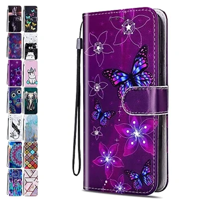 Abbildung von Lederhülle für iPhone 13 Pro Max 6.7 Hülle Muster Handyhülle Flip Case Cover Schutzhülle mit Kartenfach Handytasche Mädchen Damen Lila Schmetterling