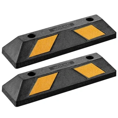 Abbildung von Wiltec Radstopper 55 x 15 10 cm, 2x Einparkhilfe aus Gummi, Parkplatzbegrenzung mit gelben Reflexionsstreifen &amp; Schraubrillen, Parkplatzsperre für Garage