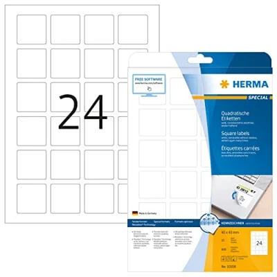 Abbildung von HERMA 10108 Universal Etiketten ablösbar, 25 Blatt, 40 x mm, 24 pro A4 Bogen, 600 Stück, selbstklebend, bedruckbar, matt, quadratisch, blanko Papier Klebeetiketten Aufkleber, weiß