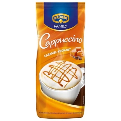 Abbildung von KRÜGER Family Cappuccino Caramel Krokant, aromatisiertes Getränkepulver mit löslichem Bohnenkaffee, koffeinhaltig, 500 g Beutel