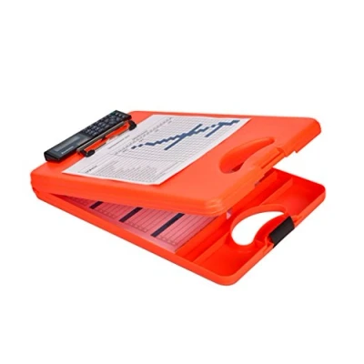 Abbildung von Läufer 53402 DeskMate II Safety mit Taschenrechner, Klemmbrett auf Formularkassette Griff, unten öffnend, unterteiltes Innenfach, Kunststoff, Signalfarbe neonorange, für DIN A4