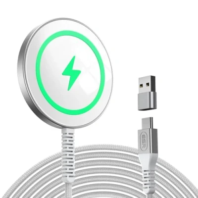 Abbildung von ESR HaloLock Mini kabelloses Ladegerät, kompatibel mit MagSafe für iPhone 16/16 Plus/16 Pro/16 Pro Max/15/14/13 Serie, Airpods 4, starker Magnetverschluss, verstärktes Nylonkabel, Silber