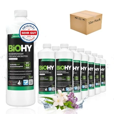 Abbildung von BiOHY Bodenreiniger für alle Wischroboter mit Frühlingsduft (12 x 1 Liter) Schaumarm &amp; Streifenfrei Reinigungsmittel Konzentrat Böden