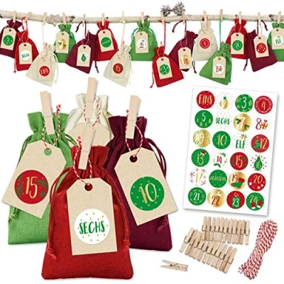 Abbildung von Papierdrachen 24 Adventskalender Stoffsäckchen zum Befüllen klassischer Weihnachtskalender Stoffbeutel selber Dekorieren und Basteln Geschenksäckchen Baumwolle Rot Grün Nummer 20