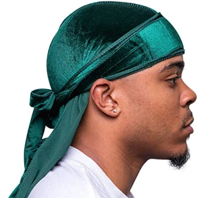 Abbildung von Veeta Superior Velvet Durag Weiche Samt Durags für Männer und Frauen, lange, doppelt breite Träger, seidiges Futter, dreifach genäht, Grün, Einheitsgröße