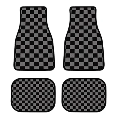 Abbildung von Auto Fußmatten im Vintage Stil, schwarz, kariert, universelle Passform, vorne/hinten, 4 teiliges komplettes Set für SUV, LKW, Teppich, Automatten, Automobil Innendekoration
