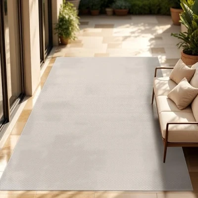 Abbildung von Paco Home Outdoor Teppich Flachgewebe Sisaloptik Modern Einfarbig meliert wetterfest &amp; pflegeleicht Küchenteppich Ideal für Terrasse Balkon Garten, Grösse:200 cm Quadrat, Farbe:Elfenbein