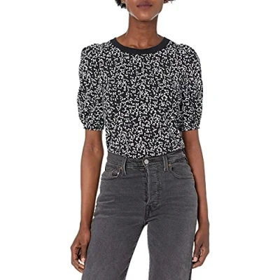 Abbildung von Amazon Essentials Damen Kurzärmliges T Shirt mit Puffärmeln und Rundhalsausschnitt in klassischer Passform, Schwarz Weiß Abstraktes Tier, S