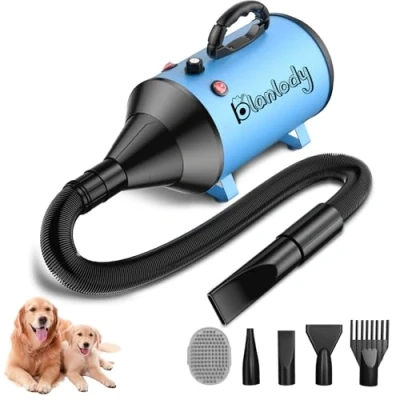 Abbildung von Blanlody Hundefön Blower Sehr Leise 5.2 PS / 3800W Motor Einstellbare Geschwindigkeit, Hundepflege Trockner Gebläse mit 4 verschiedenen Düsen elastischem Schlauch (Silver Blue)
