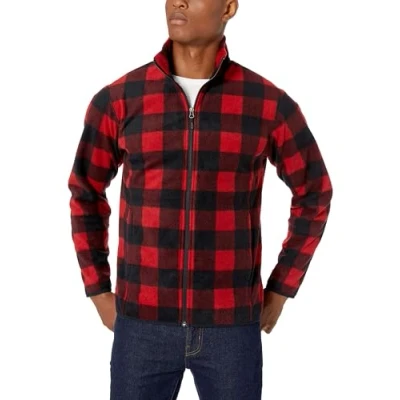 Abbildung von Amazon Essentials Herren Fleecejacke mit durchgehendem Reißverschluss (in Big und Tall erhältlich), Rot Schwarz Buffalokaros, S