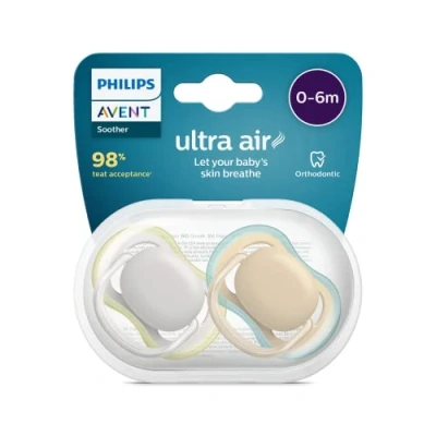 Abbildung von Philips Avent Ultra Air Schnuller 2 Stück Bisphenol A für 0 6 Monate Kinder (Modell SCF085/15), Silikon, BPA frei
