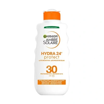 Abbildung von Garnier Ambre Solaire Milchschutz Hydra 24H Protect, Gesicht und Körper, Ultra Feuchtigkeitsspendend für den ganzen Tag, mit hohem SPF 30 Schutz, wasserfest, schnelle Absorption, 200 ml