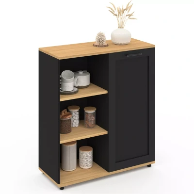 Abbildung von IDMarket Anrichte 70 cm Vito, 3 Einlegeböden, schwarzer Schrank und Holzplatte