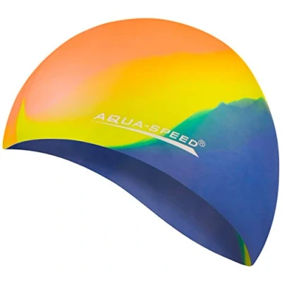 Abbildung von Aqua Speed Bunt Schwimmkappe + Kleines Mikrofaserhandtuch Damen &amp; Herren Badekappe Bademütze wasserdichte Badehaube Schwimmhaube für Erwachsene Kinder Silikon Kappe 46. / 48