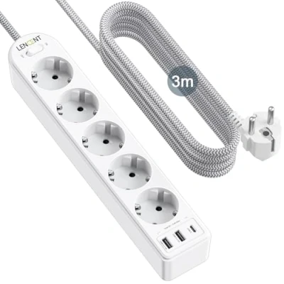 Abbildung von LENCENT 5 Fach Steckdosenleiste 8 in 1 Mehrfachsteckdosen Steckerleiste 4000W mit Typ C&amp;2 USB A Anschlüßse, Mehrfachstecker 16A 3 Meter Geflochtenem Kabel für Steckdose Wandsteckdose, Weiß