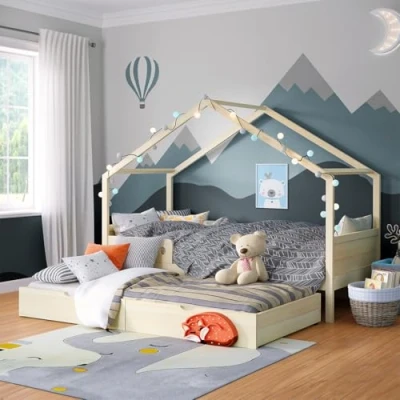 Abbildung von Bellabino Bela Hausbett 90x200 cm für Kinder mit Gästebett &amp; Rausfallschutz, Kinderbett, Kleinkinderbett und Jugendbett Natur unbehandelt aus Massivholz inkl. Lattenrost