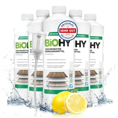 Abbildung von BiOHY Wischroboter Reinigungsmittel (6 x 1 Liter) + Dosierer Bodenreiniger Mittel für Holzböden Laminat &amp; Parkettpflege streifenfreier Glanz auf wasserfestem Holz schaumarmes Konzentrat