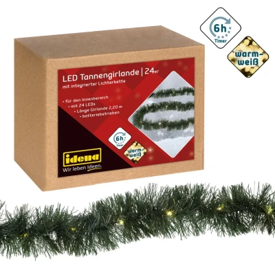 Abbildung von Idena 31345 LED Tannengirlande mit 24 LEDs in Warmweiß, 6 Stunden Timer Funktion, batteriebetrieben, ca. 2,2 m lang, Deko für Innen, zum Basteln, als Party Deko, Advents und Weihnachtsdeko
