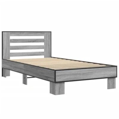 Abbildung von vidaXL Bettgestell, Bett mit Kopfteil Metallbeine, Bettrahmen Sperrholzlatten, Einzelbett für Schlafzimmer, Modern, Grau Sonoma 100x200cm Holzwerkstoff Metall
